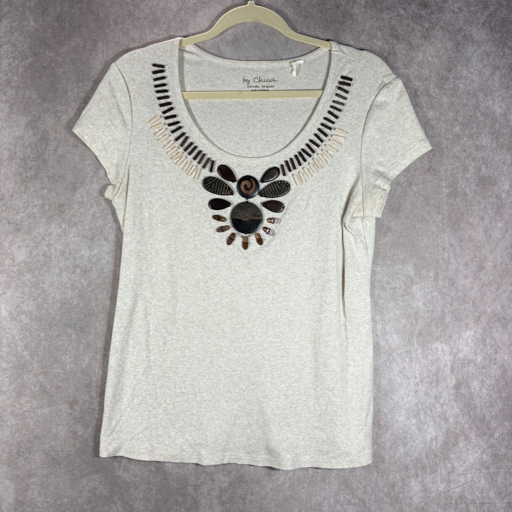 Chico's T-Shirt Womens 1 US Medium Beige Embellished Ribbed Short Sleeve Boho